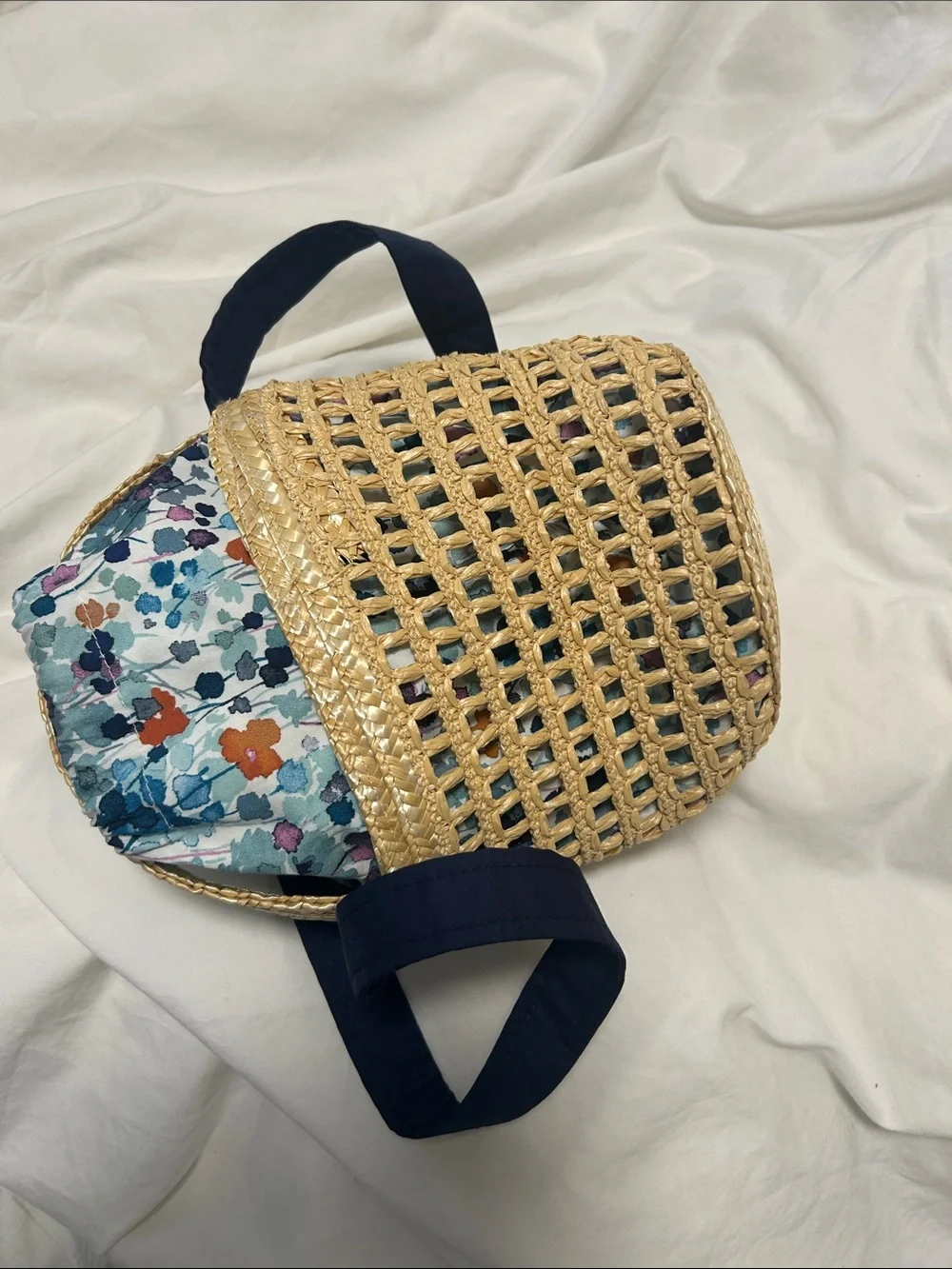 Il Gufo Straw Tote with Blue and Pink Floral Interior ( Liberty)